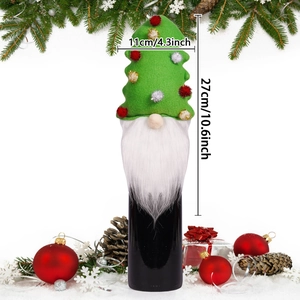 Christmas gnome wine bottle cover with green felt hat and white beard, size 27x11cm