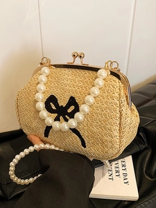 Sac à Main Vintage en Paille Tissée pour Femme Avec Chaîne en Künstliche Perles Broderie Nœud Papillon Noir Sac Bandoulière Coquille pour Plage Été