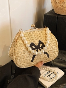 Sac à main rétro en paille tressée avec anse en perles et broderie nœud élégante