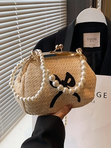 Sac en paille tissé élégant avec broderie nœud noir et anse en perles de luxe