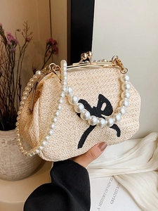 Sac bandoulière en paille style français avec poignées perles et broderie nœud