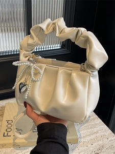 Women Ruched Cloud Handbag PU Leather Pleated Crossbody Bag With Artificial Pearl Bow Heart Pendant Minimalist Elegant Shoulder Bag