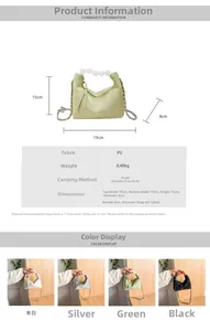 Detail view of stylish beaded handbag with silver chain strap and large pearl handle