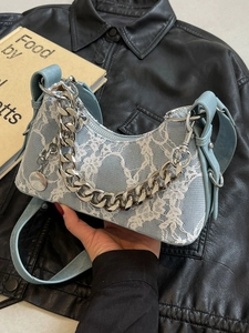 Elegant light blue lace underarm bag with silver chain handle and floral embroidery