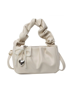 Minimalist cream white ruched handbag for women with pearl bow heart pendant detail