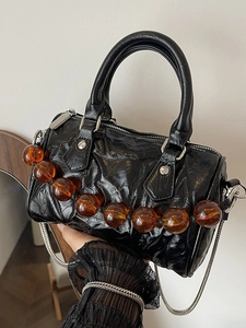 Bolso Boston Plisado para Mujer Con Cadena de Cuentas de Ámbar Bolso Bandolera de Cuero PU Retro Bolso de Hombro de Metal Plateado