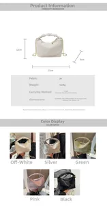 Detailed view of cloud shape pleated handbag with dimensions and five color options