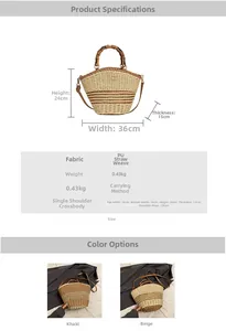 Detailed size specifications for a woven straw handbag with natural bamboo handles