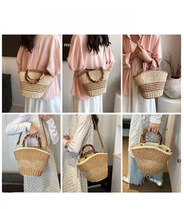 Collage of French retro straw bucket bag shown in handheld, shoulder, and crossbody styles