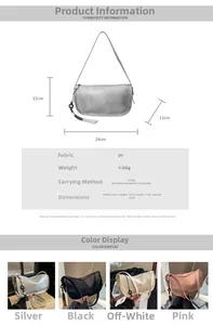 Detailed chart showing PU shoulder bag dimensions, weights, and color options