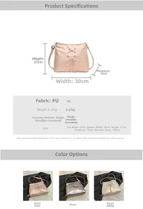 Detailed size chart and multi-color options for the ballet style bow shoulder bag