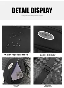 Gros plan du tissu imperméable du sac avec gouttes d'eau et bandoulière ajustable