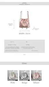 Detailed size specifications for drawstring bucket bag with bow metal buckle and dimensions