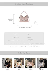 Detailed size specifications and color options for the beaded handle crossbody bag