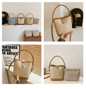 Detailed views of vintage bucket bag featuring contrast edges and inner pouch