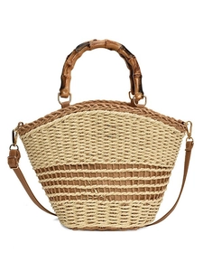 French vintage straw bucket bag with bamboo handles and brown stripes for beach holidays