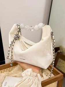 Elegant cream velvet beaded handbag with marble acrylic handle and chain strap