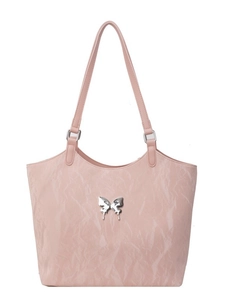 Pink metallic tote bag with silver butterfly accent and stylish ruched texture finish