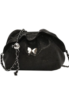 Elegant black pleated cloud bag with silver butterfly charm and metallic chain strap