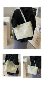 Detail of light green woven leather tote bag featuring a fashion trend label and drawstrings