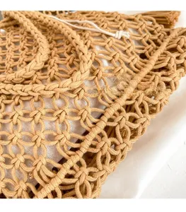 Detailed close-up of handmade macrame floral weave and drawstring cotton lining