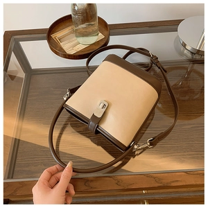 Close-up of contrast color bucket bag showing silver metal buckle and stitching