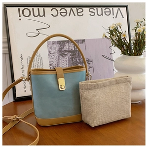 Close-up of contrast bucket bag with gold clasp and woven interior pouch