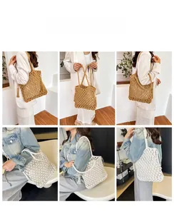 Detail of woven tote bag with tassel accent showing khaki and white color options