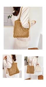 Detail of woven straw tote bag with long tassels and beige inner drawstring pouch