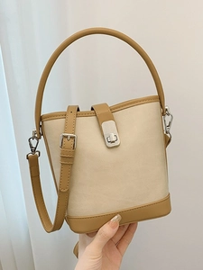 Women Fashion Contrast Color PU Leather Bucket Bag With Woven Inner Pouch Silver Hardware Lock Shoulder Crossbody Handbag