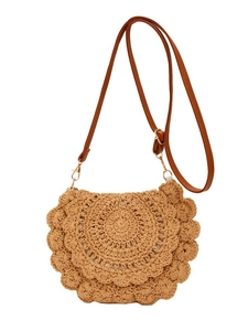 Brown woven crossbody bag with scalloped edges and adjustable leather strap