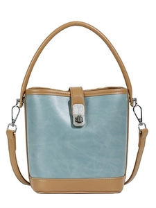 Retro two-tone bucket bag in grey-blue and brown faux leather with silver twist lock