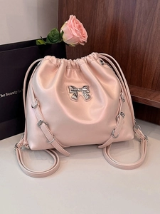 Women Fashion PU Leather Drawstring Backpack Metallic Bow Chain Casual Bucket Shoulder Bag For Daily Party Travel