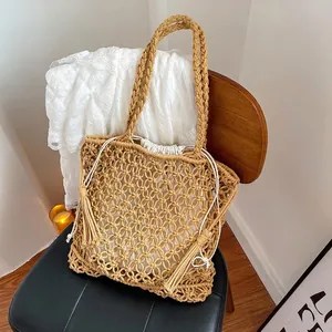 Women Bohemian Hand-woven Macramé Tote Bag Summer Beach Vacation Shoulder Bag With Tassels And Drawstring Inner Pouch
