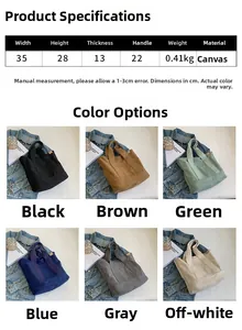 Detailed size chart and multi-color options for large capacity canvas tote bag for women