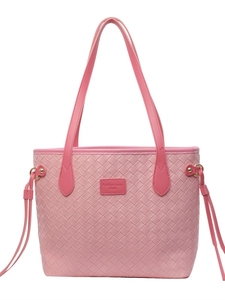 Pink woven leather tote bag with long shoulder straps and central logo patch