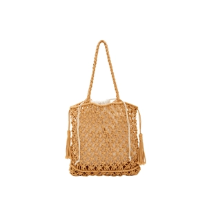 Handmade woven macrame beach bag with fringe tassels and inner drawstring pouch