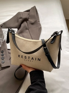 Sac à Bandoulière en Toile Minimaliste pour Femmes Garniture en Cuir PU Imprimé Lettres Sac Hobo à Main Décontracté Quotidien
