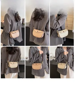 Multi-angle views of a minimalist saddle bag in apricot and cream white on a model
