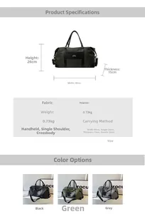 Size chart for large travel bag showing 48x26x15cm dimensions and three color options