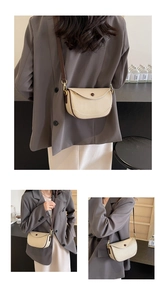 Three-way split view of a minimalist cream saddle bag with brown straps and gold hardware