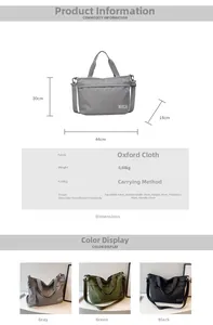 Size guide for Oxford fabric tote bag showing detailed dimensions and multiple color options