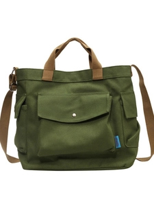 Army green canvas tote bag with multi-pockets and adjustable brown shoulder straps