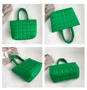 Detailed views of a green quilted tote bag showing its square stitching and soft texture