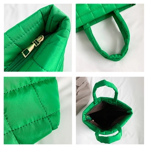 Detail shots of bright green quilted tote bag showing gold zipper and nylon texture