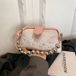 Retro Butterfly Embroidery Crossbody Bag For Women Satin PU Handbag With Metallic Butterfly Buckle Bead Chain Strap Fashion Shoulder Bag