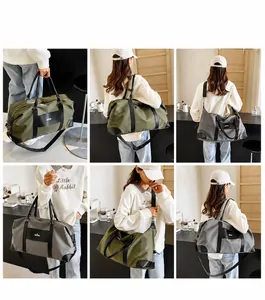 Olive green and grey travel bags shown in handheld and crossbody styles on models
