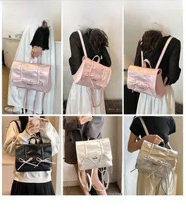 Collage of fashion ribbon bow backpacks in pink, black, white and silver on models