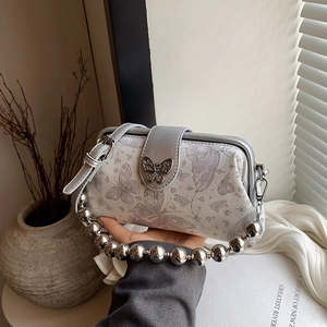 Silver retro butterfly embroidery handbag with metallic sphere handle and long strap