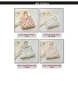 Detail view of four floral embroidered tote bags in pink, cream and green fabrics